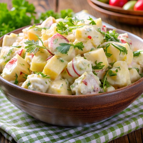 Creamy potato salad with radishes and fresh parsley in a wooden bowl on a green checkered napkin.