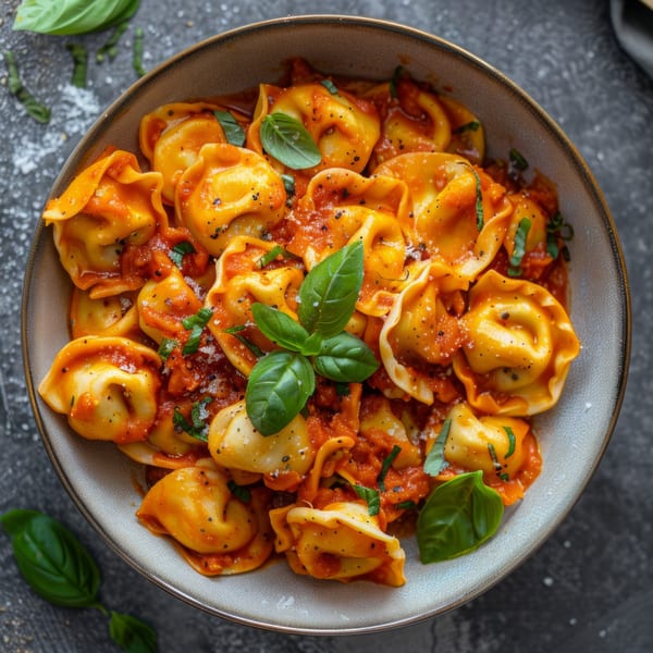 Mike's Pizza Deli Station's tortellini pasta in red sauce, garnished with fresh basil and pepper.